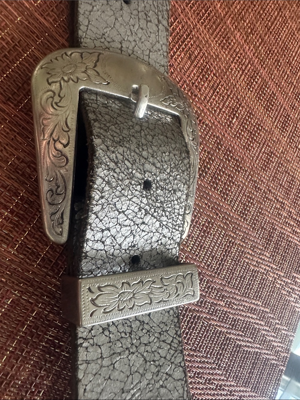 Silver Textured Leather Belt with Engraved Buckle